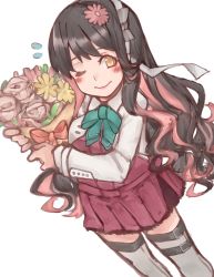 Rule 34 | 1girl, az toride, black hair, blazer, bouquet, breasts, flower, from above, full body, grey thighhighs, hair flower, hair ornament, hairband, halterneck, jacket, kantai collection, large breasts, long hair, looking at viewer, multicolored hair, naganami (kancolle), naganami kai ni (kancolle), one eye closed, pink hair, simple background, solo, thighhighs, two-tone hair, wavy hair, white background, yellow eyes, zettai ryouiki