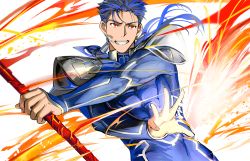 Rule 34 | 1boy, 9sui, abs, armor, beads, blue hair, bodysuit, closed mouth, cu chulainn (fate), earrings, fang, fate/stay night, fate (series), gae bolg (fate), hair beads, hair ornament, holding, holding polearm, holding weapon, jewelry, cu chulainn (fate/stay night), long hair, male focus, muscular, pauldrons, polearm, ponytail, red eyes, shoulder armor, simple background, skin tight, solo, spiked hair, type-moon, weapon, white background