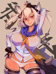 Rule 34 | 1girl, blonde hair, breasts, cosplay, covered erect nipples, dark-skinned female, dark skin, dress, fingerless gloves, glasses, gloves, hand on own hip, highres, kantai collection, large breasts, looking at viewer, machinery, mantarou, musashi (kancolle), no pants, panties, personification, pointy hair, red eyes, sailor dress, solo, thighhighs, twintails, two side up, underwear, yukikaze (kancolle), yukikaze (kancolle) (cosplay)