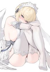 Rule 34 | 1girl, absurdres, blonde hair, blue eyes, blush, breast press, breasts, crossed arms, dress, elbow gloves, feathered wings, garter straps, gloves, highres, hugging own legs, large breasts, looking at viewer, maid headdress, mendou kusai, no shoes, original, panties, short hair, sideboob, simple background, sitting, solo, thighhighs, underwear, white background, white dress, white gloves, white panties, white thighhighs, white wings, wings