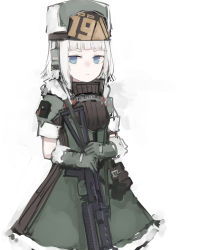 Rule 34 | 1girl, blue eyes, blunt bangs, character name, closed mouth, cowboy shot, dress, girls&#039; frontline, gloves, green dress, green gloves, green hat, gun, hat, headphones, highres, holding, holding weapon, looking at viewer, medium hair, official alternate costume, pp-19 (frog princess) (girls&#039; frontline), pp-19 (girls&#039; frontline), rampart1028, short sleeves, simple background, solo, weapon, white background, white hair