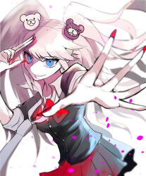Rule 34 | 1girl, bear hair ornament, black shirt, blonde hair, blue eyes, bow, breasts, cleavage, cowboy shot, danganronpa: trigger happy havoc, danganronpa (series), dress shirt, enoshima junko, grin, hair ornament, highres, large breasts, long fingers, long hair, looking at viewer, miniskirt, nail polish, necktie, outstretched arm, pleated skirt, red bow, red nails, shirt, skirt, sleeves rolled up, smile, solo, teeth, tojo e terou, twintails