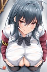 Rule 34 | 1girl, absurdres, armband, azur lane, black bow, black bowtie, black hair, blush, bow, bowtie, breasts, closed mouth, commentary request, from above, glasses, highres, large breasts, long hair, long sleeves, looking at viewer, red eyes, renetan, shirt, smile, solo, taihou (azur lane), taihou (sweet time after school) (azur lane), white shirt, yellow armband