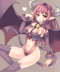 Rule 34 | 1girl, bad id, bad pixiv id, bat wings, blush, breasts, choker, demon girl, demon tail, disgaea, female focus, heart, horns, long hair, navel, pointy ears, red eyes, red hair, revealing clothes, simple background, sitting, smile, solo, succubus (disgaea), tail, thighhighs, tinpam, wings