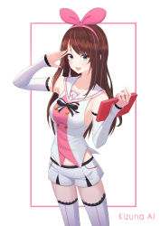 Rule 34 | 1girl, :d, bad id, bad pixiv id, breasts, brown hair, character name, collarbone, collared shirt, detached sleeves, green eyes, hairband, highres, holding, jayamon, kizuna ai, kizuna ai inc., long hair, long sleeves, looking at viewer, medium breasts, midriff, multicolored hair, open mouth, pink hairband, sailor collar, sailor shirt, salute, shirt, short shorts, shorts, sideboob, sleeveless, sleeveless shirt, smile, solo, standing, stomach, streaked hair, thighhighs, very long hair, virtual youtuber, white background, white sailor collar, white shorts, white sleeves, white thighhighs, zettai ryouiki