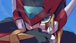 Rule 34 | 1boy, android, blonde hair, blood, blood on face, close-up, commentary request, green eyes, helmet, injury, long hair, male focus, mega man (series), mega man zero (series), upper body, vani (hisha 04), wiping face, zero(z) (mega man), zero (mega man)