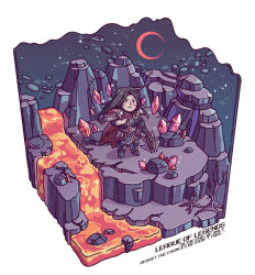 Rule 34 | 1boy, armor, bare tree, black hair, blush, boots, chibi, cliff, crystal, english text, frown, gem, holding, holding weapon, isometric, league of legends, long hair, male focus, lava, moon, night, outdoors, pauldrons, shoulder armor, sky, solo, sparkle, standing, star (sky), taric, tree, weapon, wenny02