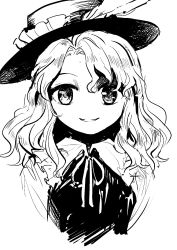 Rule 34 | 1girl, collared shirt, fedora, frilled hat, frills, greyscale, hat, hat feather, highres, jacket girl (dipp), looking at viewer, medium hair, monochrome, open mouth, parted bangs, ribbon, shirt, simple background, solo, suna (s73d), touhou, upper body, vest, wavy hair, white background