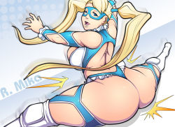 Rule 34 | 1girl, ass, blonde hair, blue eyes, breasts, female focus, gradient background, halftone, halftone background, huge ass, huge breasts, long hair, mask, onagi, rainbow mika, solo, street fighter, street fighter v, twintails