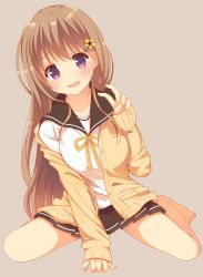Rule 34 | 1girl, arm support, black skirt, blush, brown hair, brown sweater, commentary request, flower, flower ornament, full body, grey background, hair flower, hair ornament, highres, long hair, looking at viewer, minase kaya, off shoulder, open mouth, original, pleated skirt, purple eyes, ribbon, school uniform, shirt, simple background, sitting, skirt, solo, sweater, wariza, white shirt, yellow ribbon