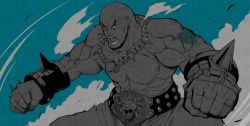 Rule 34 | 1boy, bald, belt, blue background, gloves, hyuuga takashi, jewelry, male focus, bruiser khang, monochrome, muscular, necklace, pants, topless male, solo, spikes, tales of (series), tales of destiny