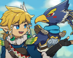 Rule 34 | 2boys, annoyed, armor, beak, bird boy, black gloves, blonde hair, blue background, blue eyes, blue fur, blue hair, blue scarf, blue shirt, blue sky, blurry, blurry background, blush stickers, body fur, braid, breastplate, cloud, crossed arms, day, earrings, feather hair ornament, feathers, fingerless gloves, from behind, fur-trimmed gloves, fur-trimmed shirt, fur collar, fur trim, furry, furry male, gloves, green eyes, hair ornament, hair tubes, half-closed eyes, hand up, happy, jewelry, link, long sleeves, looking at another, looking at viewer, male focus, multiple boys, open mouth, outdoors, pointy ears, profile, quad tails, revali, rito, scarf, shirt, short hair, shoulder pads, sidelocks, sky, smile, snowquill set (zelda), teeth, the legend of zelda, the legend of zelda: breath of the wild, two-tone fur, ukata, upper body, v-shaped eyebrows, viewfinder, white feathers, white fur