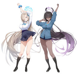 Rule 34 | 2girls, absurdly long hair, arm up, asuna (blue archive), black footwear, black hair, black socks, black wristband, blonde hair, blue archive, blue bow, blue bowtie, blue eyes, blue halo, blue nails, blue ribbon, blue scrunchie, blue skirt, blue sweater, bow, bowtie, breasts, buttons, choker, closed mouth, collared shirt, dai nikucho, dark-skinned female, dark skin, eyes visible through hair, facing viewer, full body, hair over one eye, hair ribbon, halo, hand on own arm, highres, impossible clothes, karin (blue archive), large breasts, legs, loafers, long hair, long legs, long sleeves, looking at viewer, miniskirt, multicolored hair, multiple girls, nail polish, one eye closed, open collar, parted bangs, purple hair, purple halo, ribbon, school uniform, scrunchie, shirt, shoes, simple background, skirt, sleeves rolled up, smile, socks, standing, stretched limb, stretching, sweater, thighs, very long hair, white background, white shirt, wrist scrunchie, yellow eyes