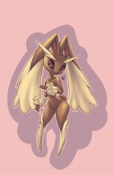 Rule 34 | 1girl, :3, animal nose, arm at side, artist name, black sclera, body fur, brown fur, closed mouth, collarbone, colored sclera, creatures (company), echoseed, female focus, flat chest, full body, furry, furry female, game freak, gen 4 pokemon, groin, hand up, happy, highres, legs, long ears, looking to the side, lopunny, nintendo, outline, pink background, pink outline, pokemon, pokemon (creature), rabbit ears, rabbit girl, rabbit tail, red eyes, signature, smile, solo, standing, thighs, two-tone fur, wide hips, yellow fur
