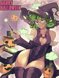 Rule 34 | 1girl, :/, absurdres, ass, bare shoulders, black dress, black gloves, breasts, broom, chenki, curly hair, curvy, dress, english text, full body, gloves, green eyes, green hair, halloween, halloween costume, happy halloween, hat, highres, hyrus, long sleeves, looking back, medium breasts, no panties, one-punch man, pumpkin, revealing clothes, shiny skin, short hair, sideboob, sitting, sitting on object, skin tight, small breasts, smile, solo, tatsumaki, thick thighs, thighs, wide hips, witch hat