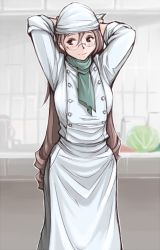 Rule 34 | 00s, 1girl, apron, arms behind head, arms up, ascot, bandana, blush, breasts, brown eyes, brown hair, cabbage, casual, chef, glasses, kitchen, large breasts, long hair, aged up, rozen maiden, scarf, sleeves rolled up, smile, solo, suiseiseki, tsuda nanafushi, very long hair