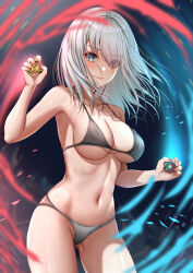 Rule 34 | 1girl, absurdres, bare arms, bare shoulders, beyblade, beyblade (object), bikini, black bikini, blue eyes, blush, breasts, cleavage, closed mouth, collarbone, cowboy shot, eyes visible through hair, gluteal fold, grey hair, hair over one eye, heterochromia, highres, holding, large breasts, long hair, looking at viewer, nail polish, navel, nori chazuke, orange nails, purple eyes, sainen yuko, smile, solo, stomach, swimsuit