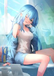 Rule 34 | 1girl, absurdres, adapted costume, ahoge, alternate costume, asymmetrical hair, blue hair, blue jacket, blue shorts, blue sky, blush, braid, breasts, camisole, casual, cloud, cloudy sky, commentary, cup, curtains, daifuku (yukihana lamy), day, fang, feet out of frame, french braid, hair between eyes, half updo, hand to own mouth, heart, heart ahoge, highres, hololive, indoors, jacket, lens flare, light blue hair, light particles, long hair, looking at viewer, medium breasts, multicolored hair, on bed, one eye closed, open clothes, open jacket, open mouth, picture frame, plant, pointy ears, potted plant, short shorts, shorts, single braid, sitting, sky, sleepy, sleeveless, snowflake print, solo, soyoghi, streaked hair, sunlight, two-tone hair, virtual youtuber, white camisole, yellow eyes, yukihana lamy