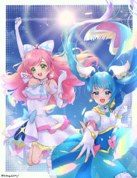 Rule 34 | 2girls, :d, absurdres, arm up, blue dress, blue eyes, blue hair, blue sky, bow, braid, cape, clenched hand, commentary, cure prism, cure sky, detached sleeves, dress, earrings, elbow gloves, feathers, fingerless gloves, frilled dress, frills, gloves, green eyes, highres, hirogaru sky! precure, jewelry, jumping, legs up, long hair, looking at viewer, magical girl, medium dress, multicolored hair, multiple girls, nijigaoka mashiro, open mouth, peteron, pink hair, precure, puffy detached sleeves, puffy sleeves, reaching, reaching towards viewer, side braid, single sidelock, sky, sleeveless, sleeveless dress, smile, sora harewataru, standing, streaked hair, sun, twintails, twitter username, two-sided cape, two-sided fabric, very long hair, white bow, white dress, white gloves, wind, wing hair ornament