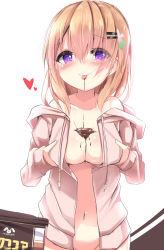 Rule 34 | 1girl, :p, bare shoulders, blush, breast lift, breasts, bust cup, chocolate, cleavage, closed mouth, collarbone, food on clothes, gochuumon wa usagi desu ka?, groin, hair between eyes, hair ornament, hairclip, heart, highres, hood, hood down, hooded jacket, hoto cocoa, jacket, kouda suzu, light brown hair, long hair, medium breasts, navel, open clothes, open jacket, out-of-frame censoring, pink jacket, purple eyes, smile, solo, tongue, tongue out