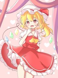 Rule 34 | 1girl, ako oekaki, ascot, blonde hair, blush, commentary request, cowboy shot, crystal wings, dot nose, fang, flandre scarlet, frilled hat, frilled skirt, frilled sleeves, frills, hand on own chin, hand up, hat, hat ribbon, heart, heart-shaped pupils, highres, long hair, looking at viewer, mob cap, open mouth, pink background, puffy short sleeves, puffy sleeves, red eyes, red ribbon, red skirt, red vest, ribbon, shirt, short sleeves, skirt, solo, split mouth, standing, symbol-shaped pupils, touhou, upskirt, vest, white hat, white shirt, wings, yellow ascot