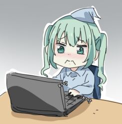 Rule 34 | 1girl, at computer, bad id, bad pixiv id, blue pajamas, blush, chair, computer, frown, girls&#039; frontline, gradient background, green eyes, green hair, grey background, hat, korean text, laptop, lowres, micro uzi (girls&#039; frontline), nightcap, pajamas, sidarim, simple background, sitting, solo, sound effects, table, typing, wavy eyes, wavy mouth