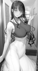 Rule 34 | 1girl, absurdres, bare shoulders, blurry, breasts, collarbone, commentary request, covered navel, depth of field, gentsuki, hand up, highres, large breasts, long hair, looking at viewer, monochrome, original, parted lips, shirt tucked in, skirt, smile, solo