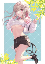 Rule 34 | 1girl, ayaginu temari, black footwear, black shorts, breasts, brown hair, colored inner hair, crop top, crop top overhang, cropped jacket, floating hair, flower, flower knot, hair ribbon, hands up, highres, isekai tensei shite v ni narimashita, jacket, jewelry, leg up, long hair, long sleeves, looking at viewer, medium breasts, midriff, mimosa (flower), minamoto mamechichi, mole, mole under eye, multicolored hair, navel, necklace, off shoulder, open clothes, open fly, open jacket, open mouth, pink hair, red eyes, ribbed shirt, ribbon, shirt, shoes, short shorts, shorts, sleeveless, sleeveless shirt, smile, solo, spaghetti strap, standing, standing on one leg, stomach, thighs, underboob, virtual youtuber, white jacket, white shirt, yellow flower