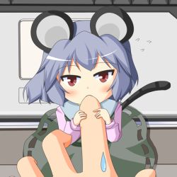Rule 34 | 1girl, 1other, animal ears, biting, chibi, female focus, finger biting, grey hair, mini person, minigirl, mouse ears, mouse tail, nazrin, red eyes, short hair, solo, sweatdrop, tail, touhou, urushi