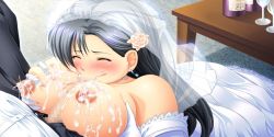 Rule 34 | 1boy, 1girl, black hair, blush, breasts, bridal veil, bride, censored, cum, cum in mouth, cum on body, cum on breasts, cum on upper body, dress, earrings, elbow gloves, closed eyes, fellatio, flower, gloves, hair flower, hair ornament, hetero, jewelry, jinmuji miyu, large breasts, long hair, nipples, oral, paizuri, revenge room, table, veil, wedding dress, white gloves, yoko juusuke