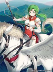 Rule 34 | 1girl, 40hara, armor, boots, breastplate, commentary, company connection, copyright name, dress, fire emblem, fire emblem: the sacred stones, fire emblem cipher, green eyes, green hair, highres, holding, holding weapon, long hair, mountain, nintendo, official art, outdoors, pegasus, pegasus knight uniform (fire emblem), polearm, short dress, shoulder pads, spear, thigh boots, thighhighs, vanessa (fire emblem), weapon, white armor, zettai ryouiki