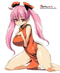 Rule 34 | breast suppress, breasts, china dress, chinese clothes, dress, kneeling, large breasts, oekaki, onija tarou, original, pink hair, red eyes, solo, twintails