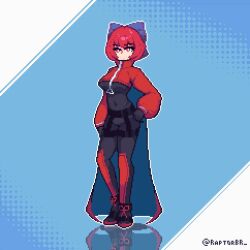 1girl akatsuki_records animated animated_gif bodysuit bow cape cloak double_dealing_character gloves hair_bow highres latex latex_bodysuit pixel_art raptorbr red_cape red_cloak red_eyes red_hair ribbon-trimmed_bow rock_&#039;n&#039;_rock_&#039;n&#039;_beat sekibanki short_hair skin_tight solo touhou two-tone_cape zipper