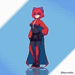 Rule 34 | 1girl, akatsuki records, animated, animated gif, bodysuit, bow, cape, cloak, double dealing character, gloves, hair bow, highres, latex, latex bodysuit, pixel art, raptorbr, red cape, red cloak, red eyes, red hair, ribbon-trimmed bow, rock &#039;n&#039; rock &#039;n&#039; beat, sekibanki, short hair, skin tight, solo, touhou, two-tone cape, zipper