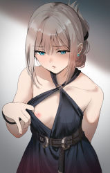 Rule 34 | 1girl, an-94 (girls&#039; frontline), an-94 (silent rouge) (girls&#039; frontline), arm behind back, bad id, bad pixiv id, blonde hair, blue eyes, blush, breasts, character request, cowboy shot, dress, earrings, folded ponytail, girls&#039; frontline, grey background, hair between eyes, highres, jewelry, nipples, official alternate costume, parted lips, sakaki rin, self exposure, shaded face, small breasts, solo