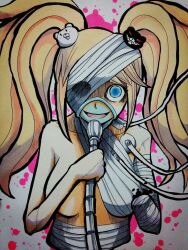 Rule 34 | 1girl, bandage over one eye, bandaged arm, bandaged hand, bandaged neck, bandaged wrist, bandages, bear hair ornament, blonde hair, blood, blood splatter, blue eyes, blush, censored nipples, danganronpa: trigger happy havoc, danganronpa (series), enoshima junko, eyelashes, hair ornament, hand up, holding, long hair, looking at viewer, missing eye, missing limb, one breast out, open mouth, oxygen mask, pink background, pink blood, simple background, smile, solo, stitched arm, stitches, teeth, tongue, traditional media, tube, twintails, upper body, upper teeth only, white background