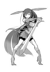 Rule 34 | 1girl, bow (weapon), breasts, gloves, greyscale, holding, holding weapon, juliet sleeves, ken (koala), large breasts, long hair, long sleeves, looking at viewer, monochrome, original, pleated skirt, puffy sleeves, serious, simple background, skirt, solo, sword, thighhighs, very long hair, weapon, white background