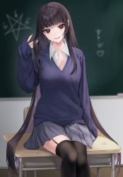 Rule 34 | 1girl, bad id, bad pixiv id, black hair, black thighhighs, breasts, chair, chalkboard, cleavage, commentary, desk, ear piercing, garter straps, grin, highres, hime cut, large breasts, long hair, looking at viewer, medium breasts, mole, mole on breast, mole under eye, multicolored hair, nail polish, ompf, original, piercing, pleated skirt, purple eyes, purple hair, purple nails, school chair, school desk, school uniform, sitting, skirt, sleeves past wrists, smile, solo, thighhighs, two-tone hair, very long hair