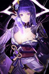 Rule 34 | 1girl, anizi, blunt bangs, breasts, cleavage, fingerless gloves, genshin impact, gloves, hand on own chest, highres, holding, holding sword, holding weapon, japanese clothes, kimono, large breasts, mole, mole under eye, nail polish, parted lips, purple eyes, purple hair, purple kimono, purple nails, raiden shogun, solo, sword, weapon, wide sleeves
