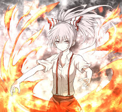 Rule 34 | 1girl, absurdres, bow, closed mouth, collarbone, collared shirt, fire, fujiwara no mokou, hair bow, highres, long hair, looking at viewer, pants, ponytail, red eyes, red pants, shimoda masaya, shirt, short sleeves, simple background, solo, suspenders, touhou, upper body, white background, white shirt