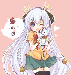 Rule 34 | 1girl, ;d, animal, bell, black thighhighs, blush, bow, bowtie, braid, cat, collared shirt, commentary request, copyright request, fang, green skirt, hair between eyes, hair ornament, heart, holding, holding animal, holding cat, jingle bell, long hair, looking at viewer, maodouzi, one eye closed, open mouth, pleated skirt, red bow, red bowtie, shirt, short sleeves, sidelocks, silver hair, skirt, smile, solo, thighhighs, translation request, twin braids, very long hair, yellow shirt
