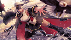 Rule 34 | 1girl, absurdres, aircraft, azur lane, bird, black skirt, black thighhighs, bow (weapon), breasts, commentary request, eagle, enterprise (azur lane), hair between eyes, hat, highres, jacket, large breasts, long hair, looking at viewer, md5 mismatch, miniskirt, necktie, ocean, peaked cap, pleated skirt, purple eyes, revision, santa fung, shirt, silver hair, skirt, sleeveless, smile, solo, thighhighs, very long hair, weapon