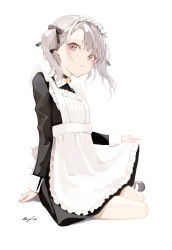 Rule 34 | 1girl, :&lt;, absurdres, apron, bell, black bow, black dress, black footwear, bow, closed mouth, collared dress, commentary, dress, full body, grey eyes, grey hair, hair bow, highres, jingle bell, long sleeves, maid, maid apron, maid headdress, mayogii, neck bell, original, shadow, shoes, signature, simple background, sitting, skirt hold, solo, symbol-only commentary, twintails, white apron, white background, yokozuwari