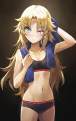 Rule 34 | 1girl, alternate hairstyle, black bra, black panties, blonde hair, blue towel, blush, bra, brand name imitation, breasts, cleavage, clothes writing, collarbone, commentary, cowboy shot, english commentary, fate/apocrypha, fate (series), green eyes, hair down, long hair, mordred (fate), mordred (fate/apocrypha), navel, one eye closed, panties, parted bangs, small breasts, solo, sports bra, stomach, tonee, towel, underwear, v-shaped eyebrows, very long hair
