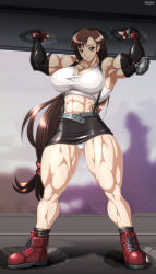 Rule 34 | 1990s (style), 1girl, abs, breasts, extreme muscles, final fantasy, final fantasy vii, highres, huge breasts, long hair, muscular, ren (tainca2000), retro artstyle, simple background, solo, tifa lockhart