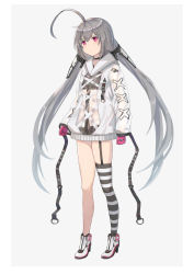 Rule 34 | 1girl, absurdres, aer7o, ahoge, black choker, blush, choker, closed mouth, full body, garter straps, gloves, grey background, grey hair, hair between eyes, high heels, highres, hood, hood down, hoodie, long hair, long sleeves, looking away, low twintails, original, pink gloves, red eyes, see-through, shoes, single thighhigh, skindentation, sleeves past wrists, solo, standing, striped clothes, striped thighhighs, thighhighs, twintails, two-tone background, very long hair, white background, white footwear, white hoodie