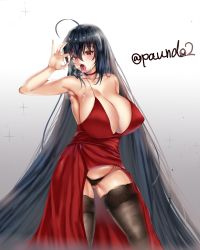 Rule 34 | 1girl, absurdres, ahoge, azur lane, bare shoulders, black hair, black panties, black thighhighs, blush, breasts, choker, cleavage, cocktail dress, collarbone, commentary request, covered erect nipples, dress, fellatio gesture, gluteal fold, hair between eyes, heavy breathing, highres, huge breasts, long hair, looking at viewer, official alternate costume, open mouth, panties, paundo2, red choker, red dress, red eyes, saliva, saliva trail, shiny skin, solo, sparkle, standing, sweat, taihou (azur lane), taihou (forbidden feast) (azur lane), thick thighs, thighhighs, thighs, tongue, tongue out, twitter username, underwear, very long hair