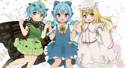Rule 34 | 3girls, antennae, aqua hair, bad id, bad pixiv id, bare legs, barefoot, blonde hair, blue bow, blue dress, blue eyes, blue hair, blush, bow, butterfly wings, capelet, cirno, collared shirt, dress, eternity larva, fairy, fairy wings, flower, green dress, hair between eyes, hair bow, hat, highres, ice, ice wings, insect wings, leaf, leaf on head, lily white, long hair, looking at viewer, multicolored clothes, multicolored dress, multiple girls, open mouth, poco (zdrq3), shirt, short hair, short sleeves, single strap, smile, sunflower, tanned cirno, touhou, white capelet, white dress, white headwear, white shirt, wings, yellow eyes, yellow flower
