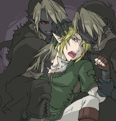 Rule 34 | 4boys, black shirt, blonde hair, blue eyes, blush, boots, clone, dark link, dark skin, dual persona, earrings, fingerless gloves, gloves, green shirt, hat, holding another&#039;s wrist, jewelry, link, lowres, male focus, monster boy, multiple boys, multiple persona, nintendo, open mouth, pointy ears, red eyes, restrained, shirt, spread legs, struggling, the legend of zelda, yaoi, you gonna get raped