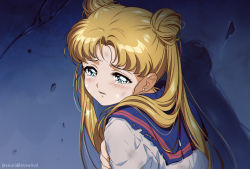 Rule 34 | 1girl, artist name, bishoujo senshi sailor moon, blonde hair, blue eyes, blue sailor collar, commentary, crying, crying with eyes open, derivative work, dirty, double bun, earrings, hair bun, hair over shoulder, jewelry, kaze-hime, long hair, looking to the side, parted bangs, parted lips, sailor collar, screenshot redraw, solo, stud earrings, tears, torn clothes, tsukino usagi, twintails, upper body